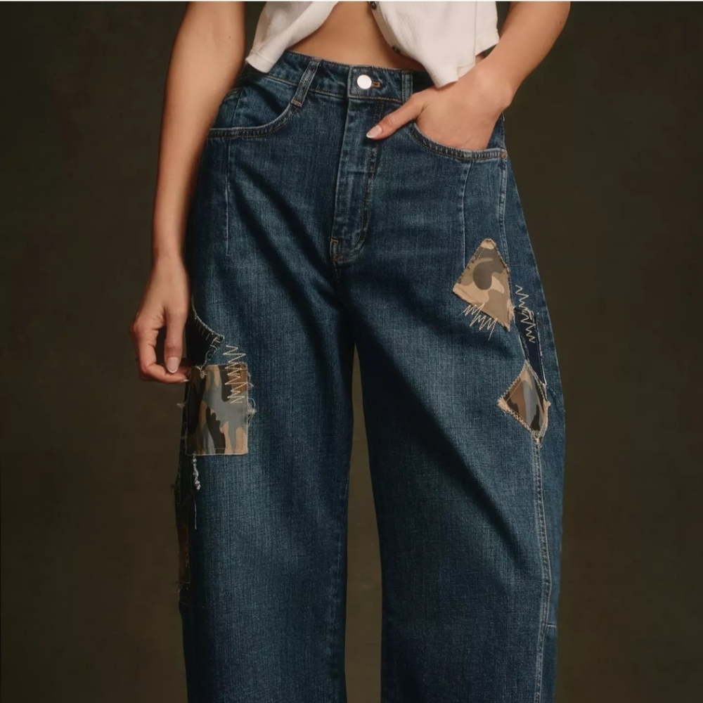 Anthropologie Indigo Boyfriend Wide-Leg Jeans with Camo Panels